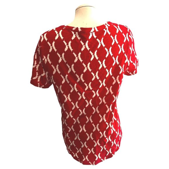 Chico's Red & White Geometric Blouse Lace Neck Sz 1 (Medium 8/10) Womens Short S - Picture 8 of 9